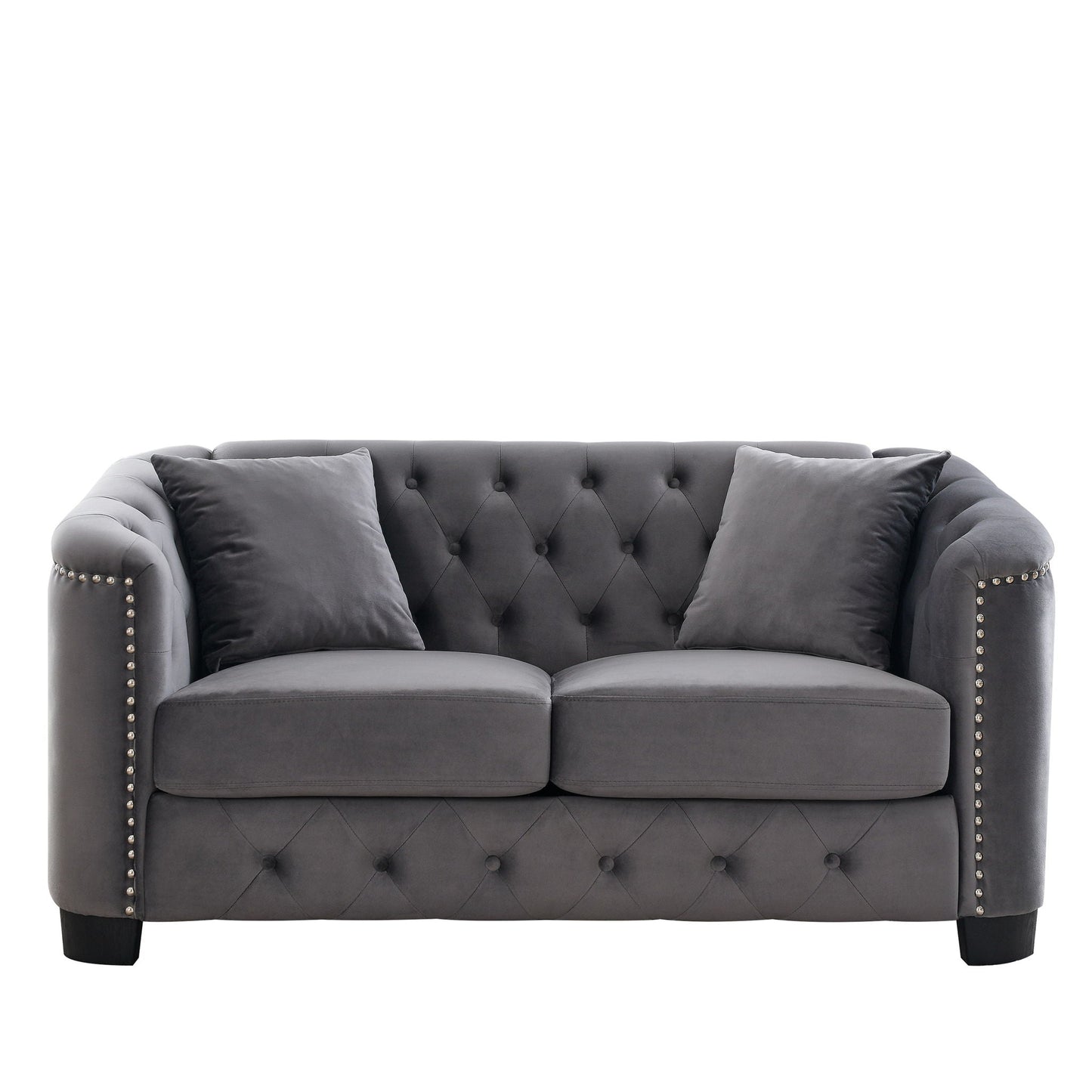 Modern Chesterfield sofa by HouseOfZazla in gray tufted upholstery with nailhead trim on Tampa Home & Garden Store