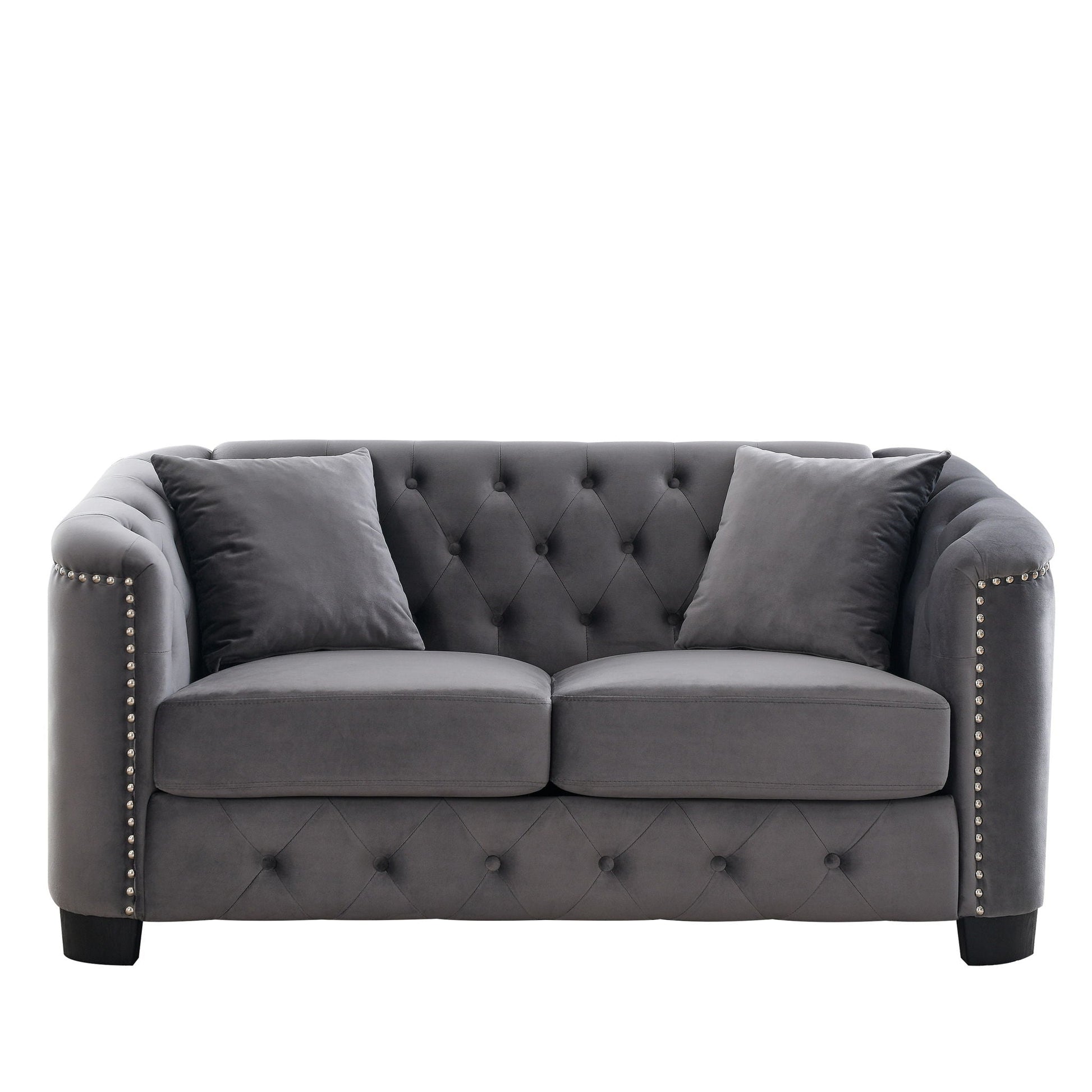 Modern Chesterfield sofa by HouseOfZazla in gray tufted upholstery with nailhead trim on Tampa Home & Garden Store