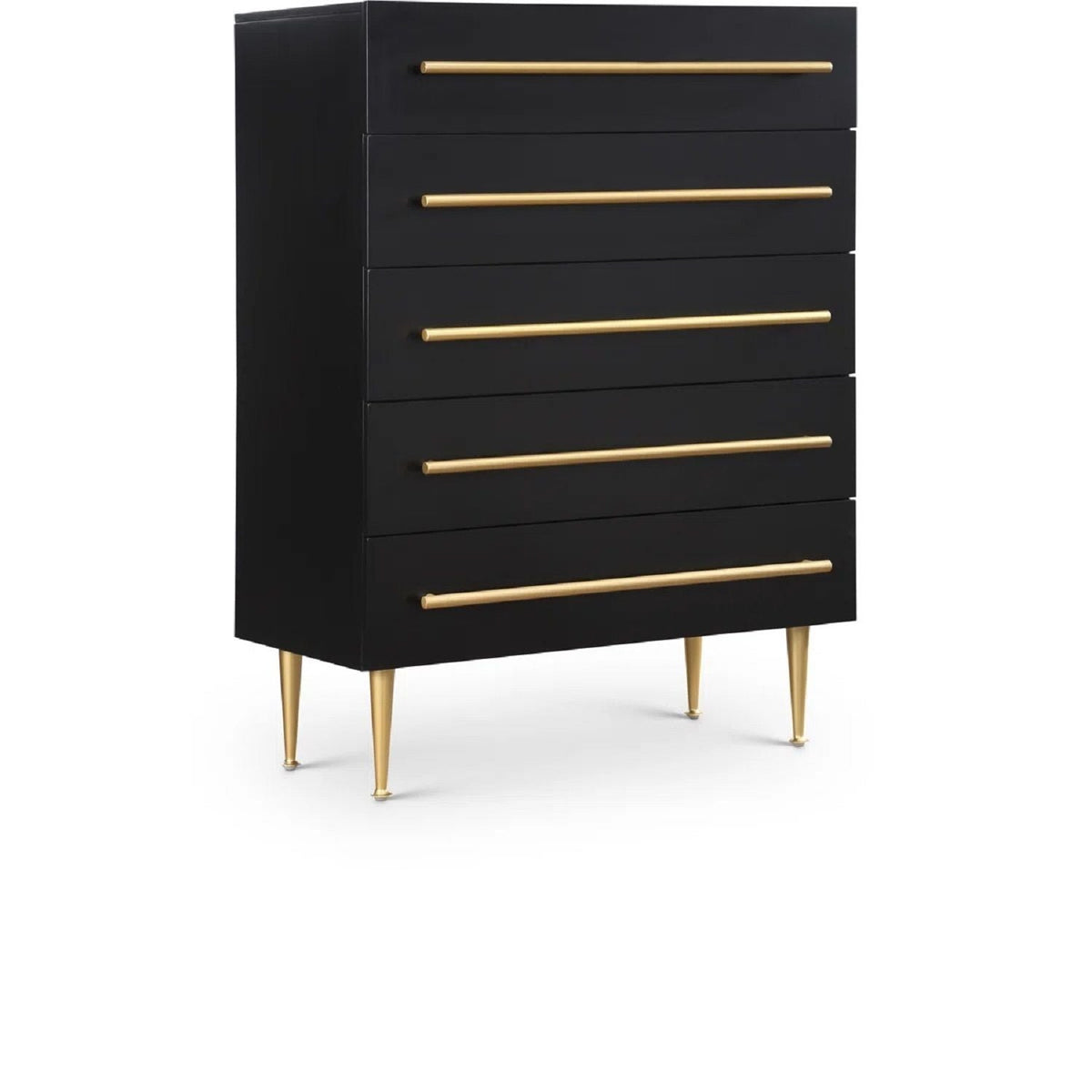 Black five-drawer accent chest with gold bar pulls and tapered legs on Tampa Home & Garden Store