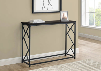 Accent console table with dark wood top and black metal X-frame legs for a modern entryway on Tampa Home & Garden Store