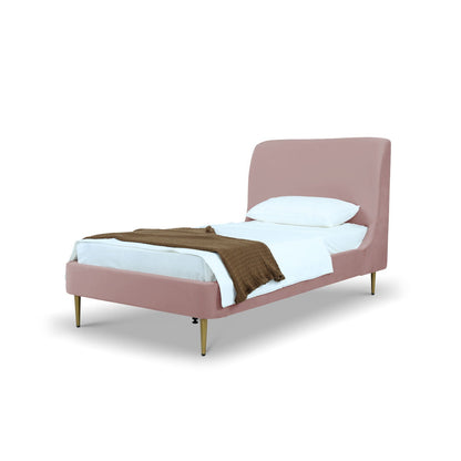 Mid-Century Modern Upholstered Bed With Curved Headboard pink fabric gold legs HouseOfZazla on Tampa Home & Garden Store