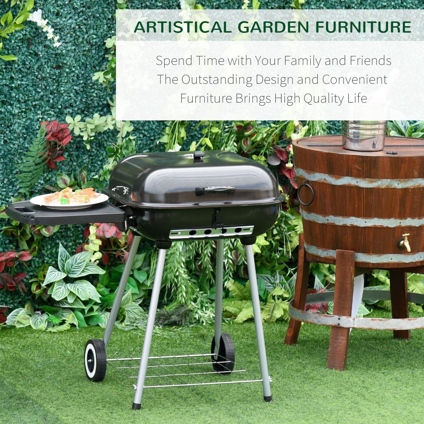 Outsunny portable charcoal grill with wheels and bottom shelf black on Tampa Home & Garden Store