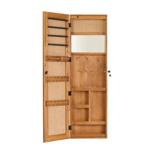 Jewelry armoire with full-length mirror, wall-mounted lockable cabinet with burlap panel on Tampa Home & Garden Store