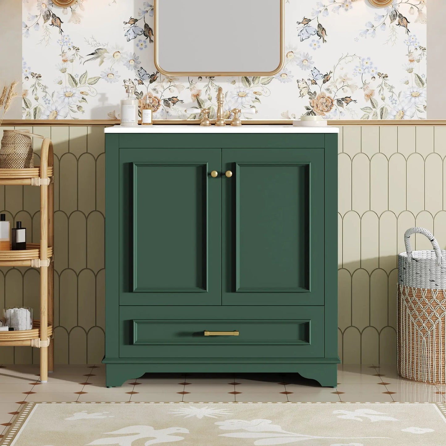 Bathroom vanity with sink, green cabinet, 2 soft-closing doors and adjustable shelf on Tampa Home & Garden Store