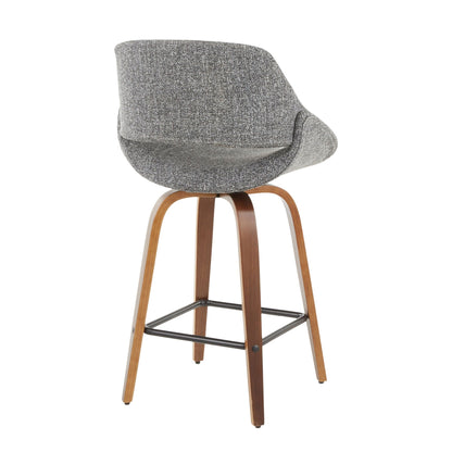 Fabrico mid-century counter stool in grey textured fabric with curved back and wooden legs on Tampa Home & Garden Store