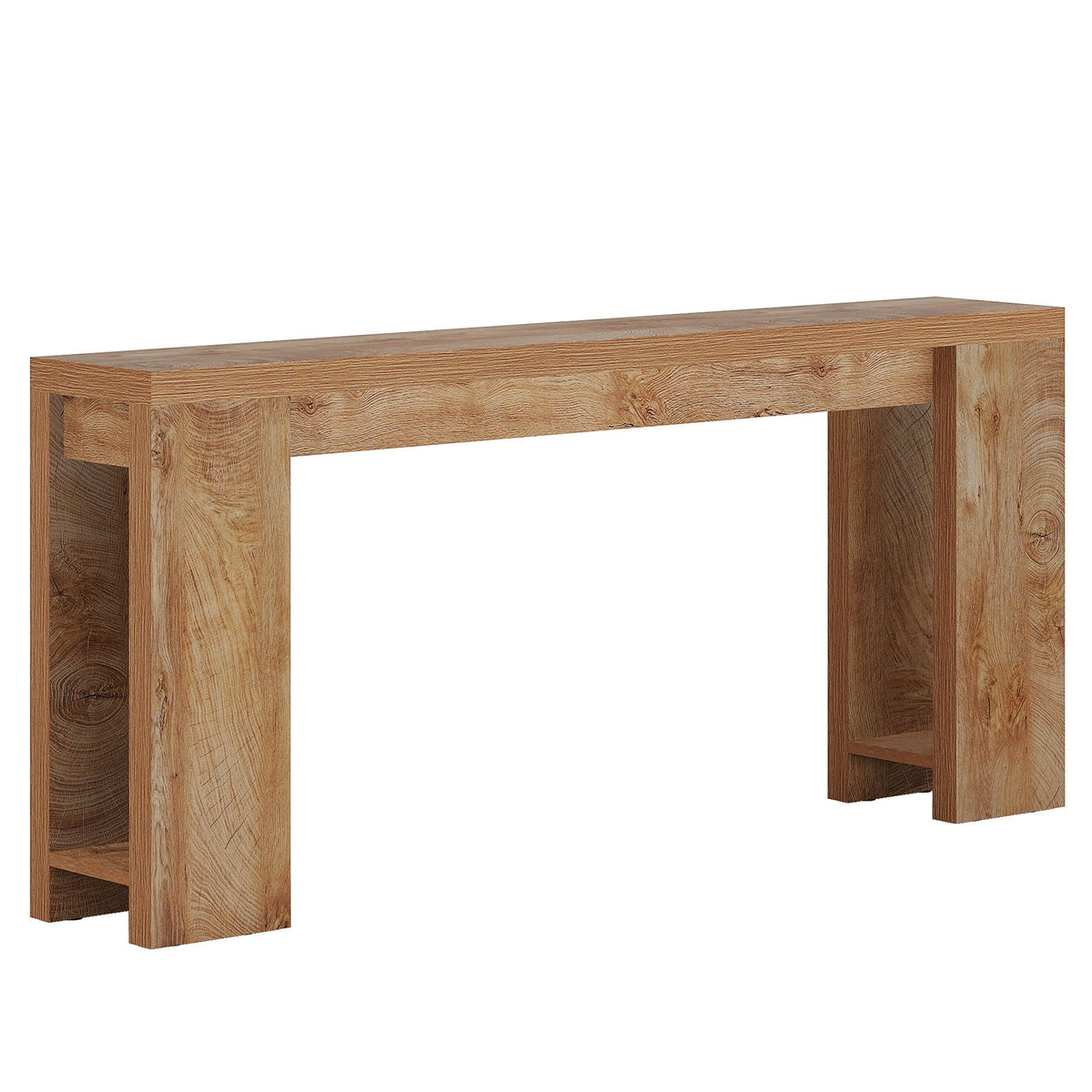 Extra long farmhouse console table in light brown solid wood with chunky square legs on Tampa Home & Garden Store