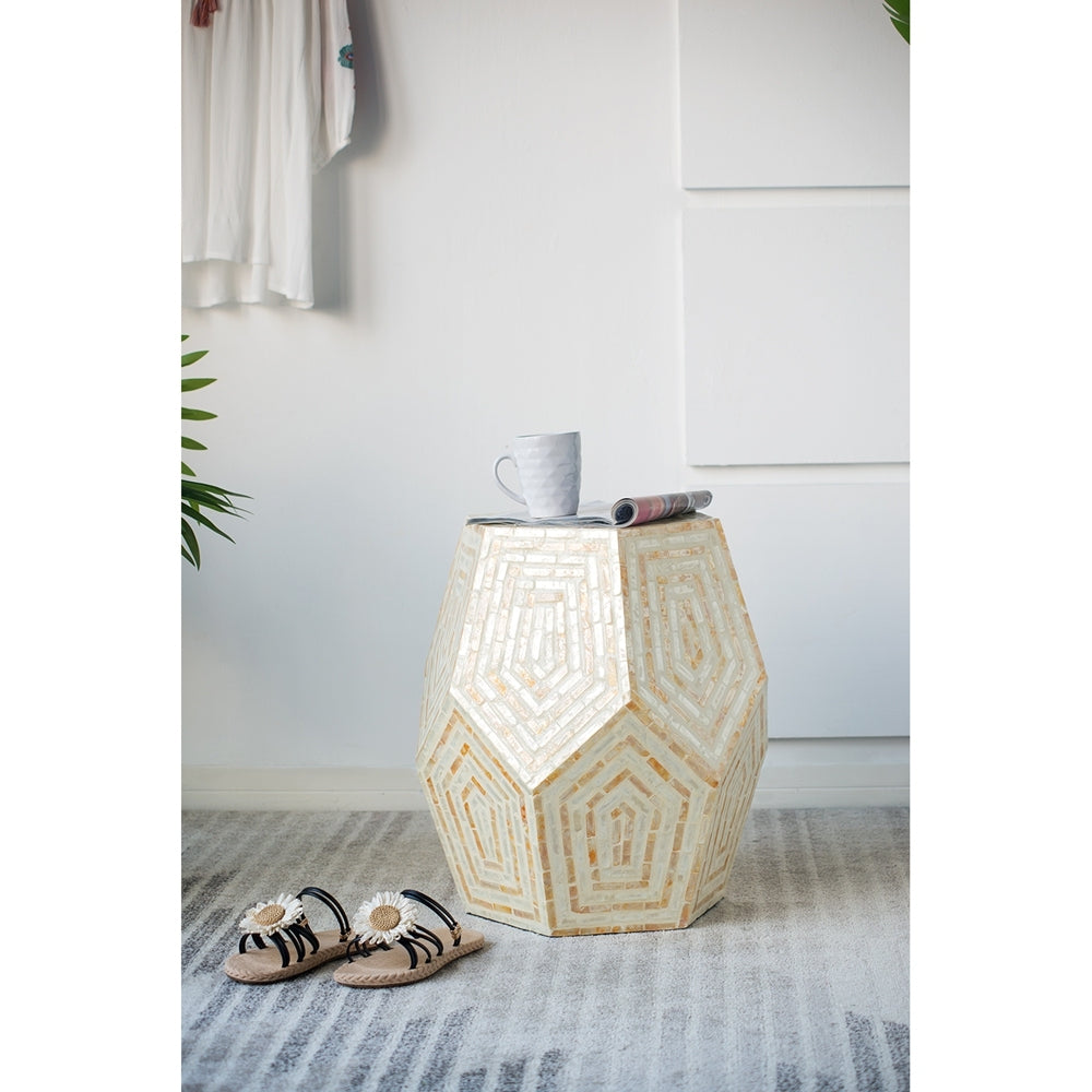 Hexagonal Capiz Stool end table in cream yellow with mosaic shell design by HouseOfZazla on Tampa Home & Garden Store
