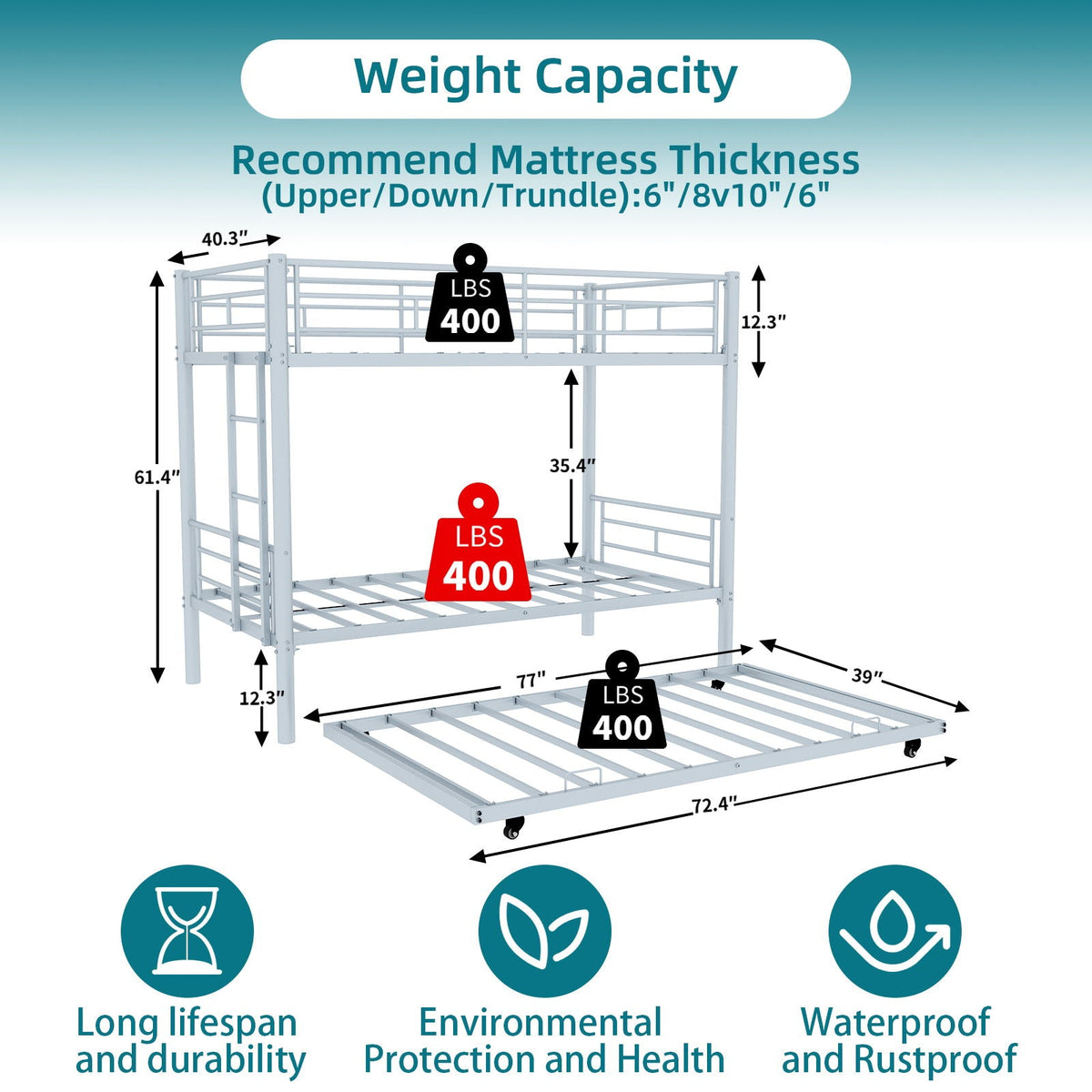 Bunk bed for kids, convertible twin-over-twin frame with ladders and guardrail on Tampa Home & Garden Store