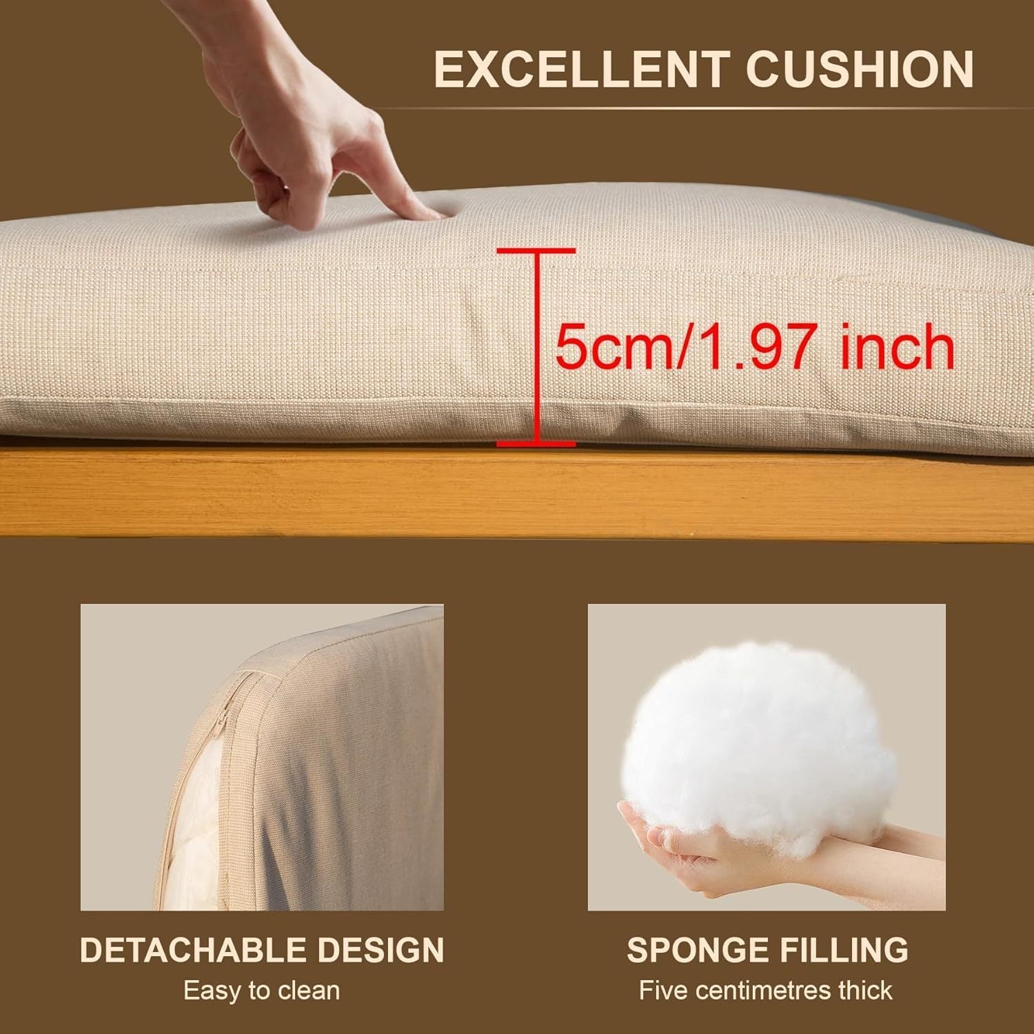 Outdoor bar stool cushion set of 2, beige, 5 cm thick, detachable design with sponge filling on Tampa Home & Garden Store