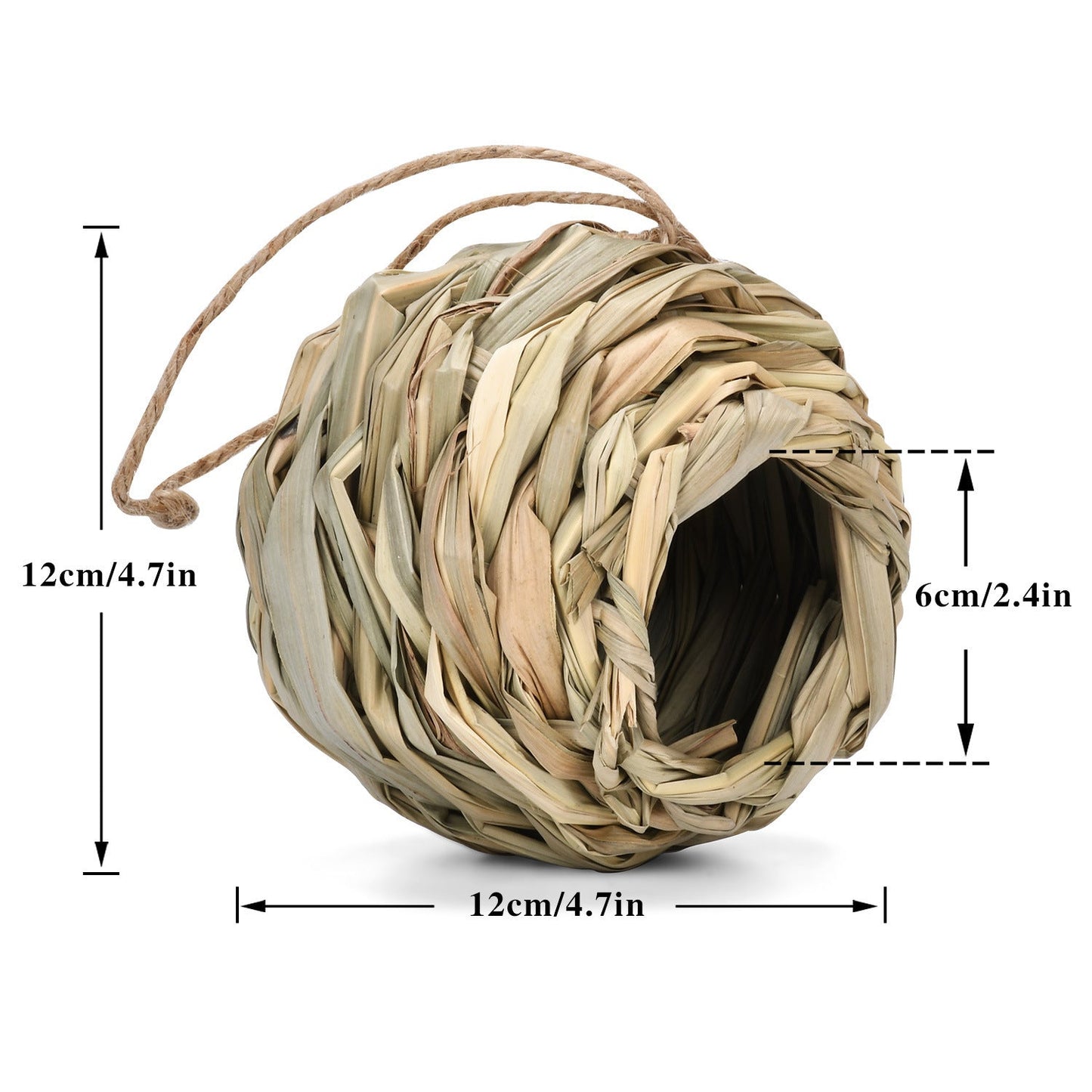 Straw spherical bird nest with natural beige weave and jute hanger brand Sell My Stuff on Tampa Home & Garden Store