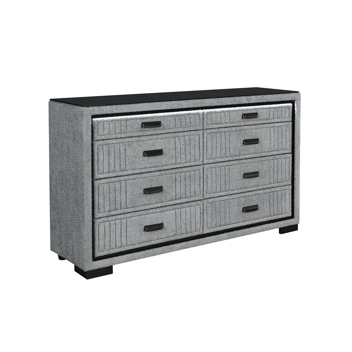 Isaiah 5 Piece Bedroom Set dresser in gray textured finish with black top and pulls on Tampa Home & Garden Store