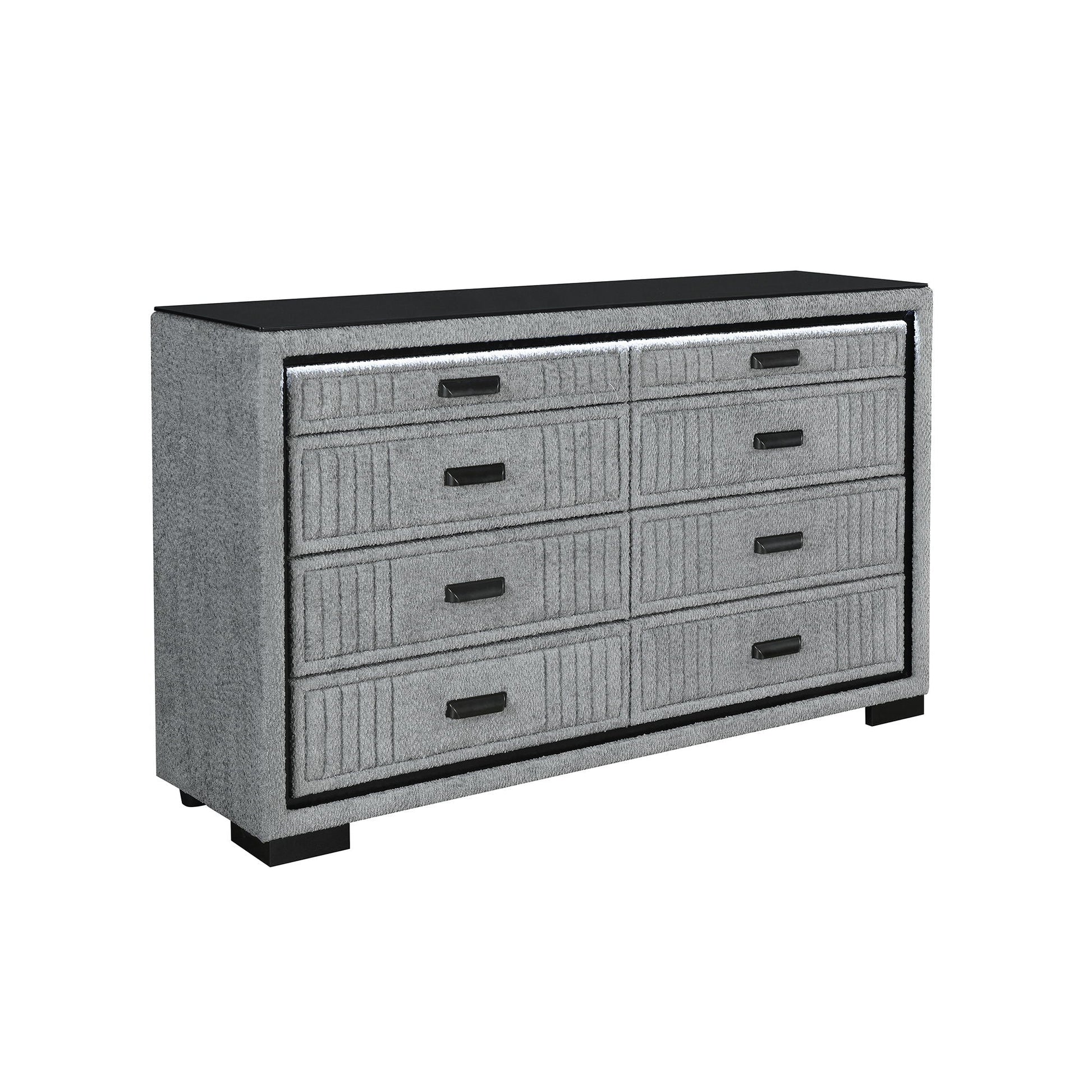 Isaiah 5 Piece Bedroom Set dresser in gray textured finish with black top and pulls on Tampa Home & Garden Store