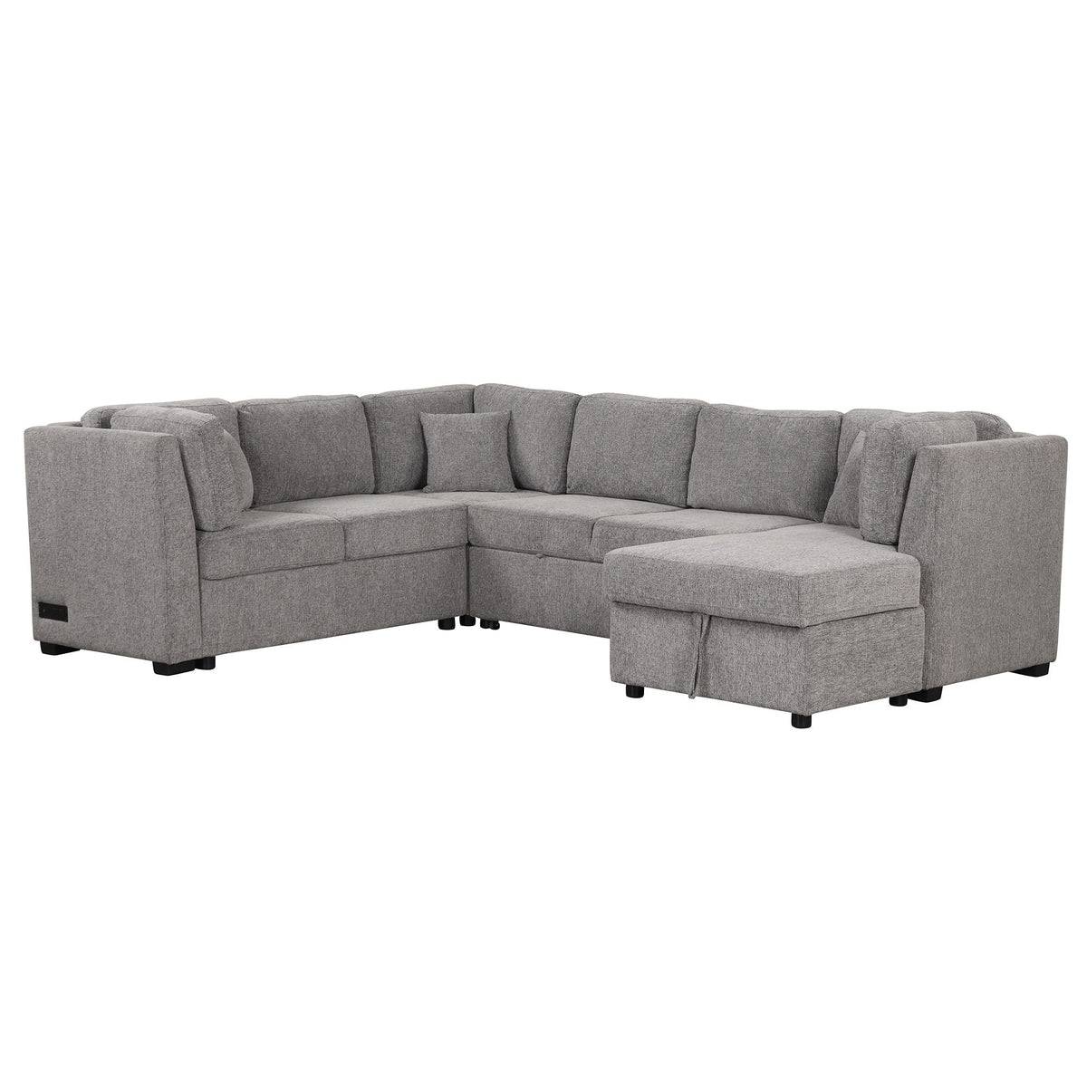 U-shaped sleeper sectional sofa in gray fabric with storage chaise and three back cushions on Tampa Home & Garden Store