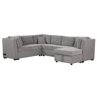 U-shaped sleeper sectional sofa in gray fabric with storage chaise and three back cushions on Tampa Home & Garden Store