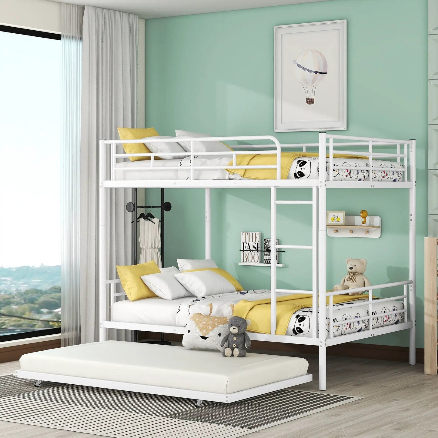 Steel bunk bed in white with ladder and yellow bedding by Unique Piece Furniture on Tampa Home & Garden Store