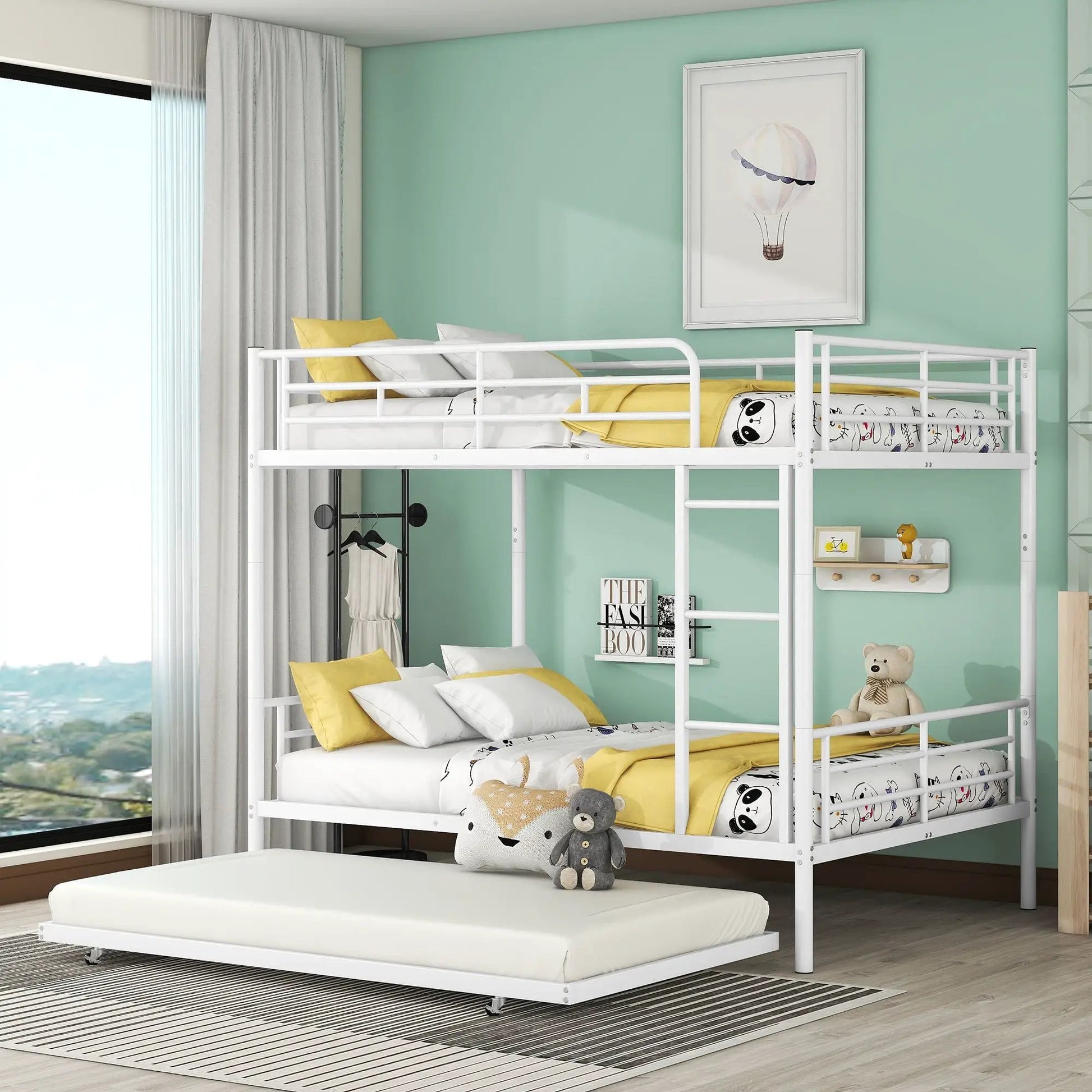 Steel bunk bed in white with ladder and yellow bedding by Unique Piece Furniture on Tampa Home & Garden Store