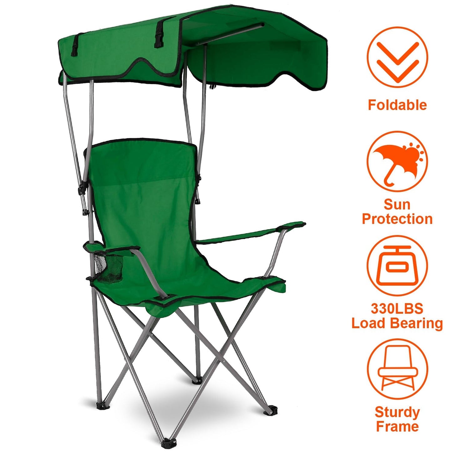 GemGear green foldable beach canopy chair with cup holder, 330lb, sturdy frame on Tampa Home & Garden Store