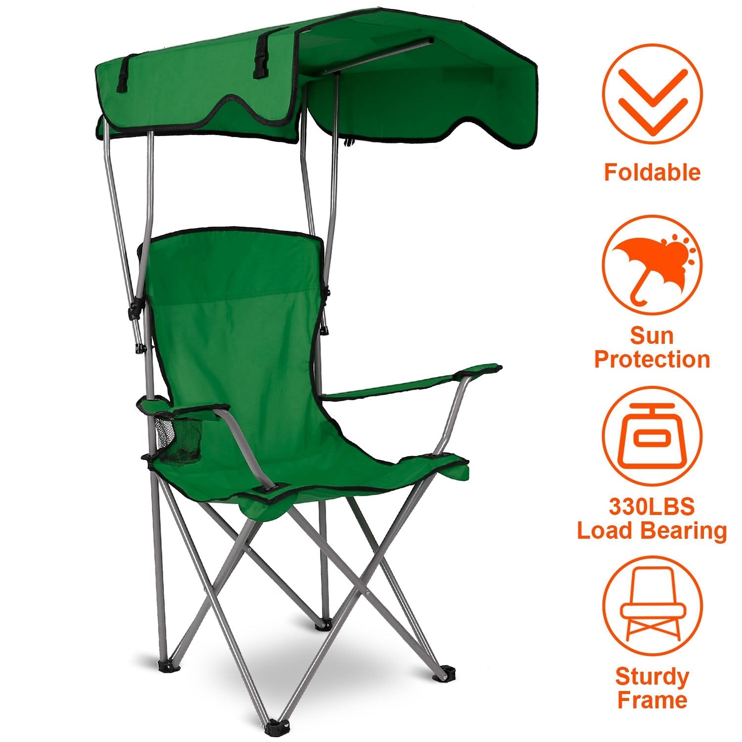 GemGear green foldable beach canopy chair with cup holder, 330lb, sturdy frame on Tampa Home & Garden Store