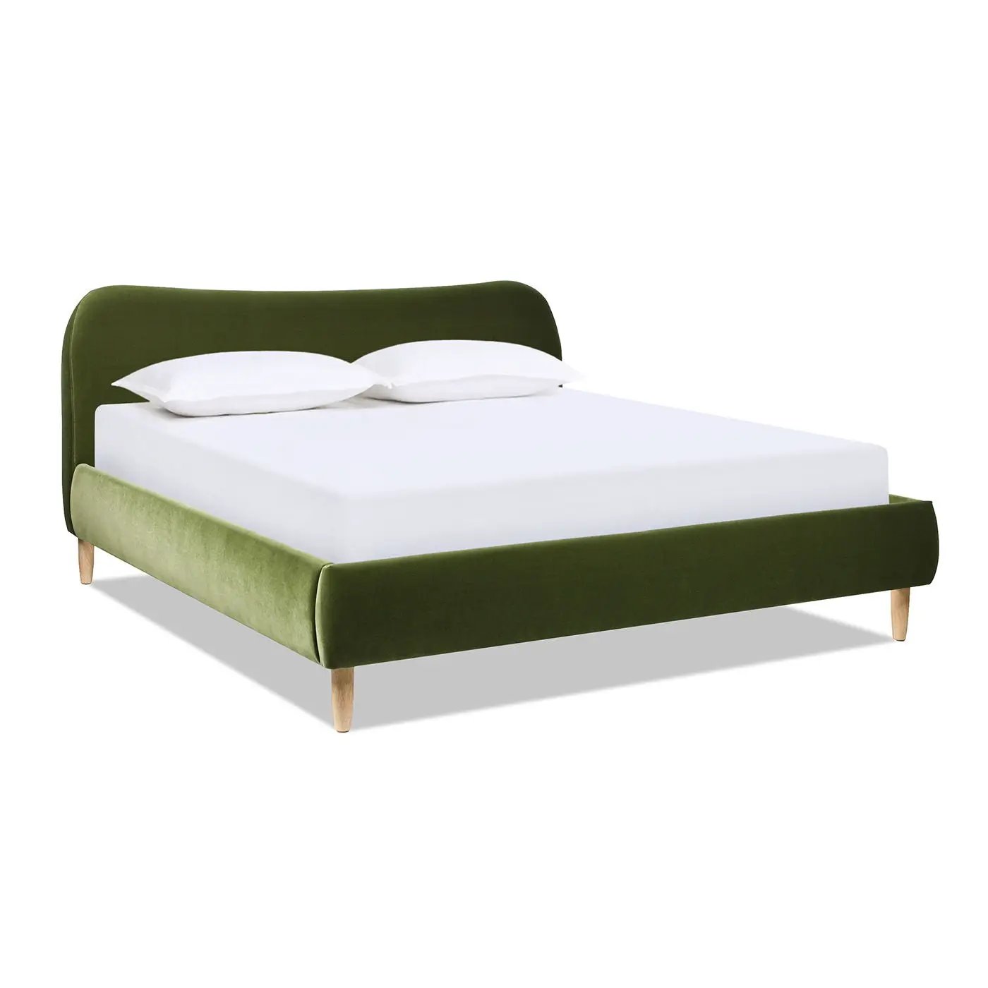 Roman curved headboard upholstered platform bed olive green velvet with wood legs on Tampa Home & Garden Store