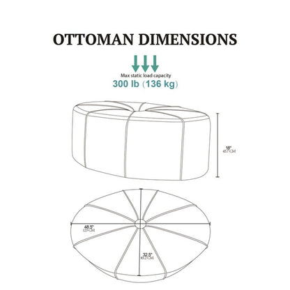 Large round cocktail ottoman with button tufted center in line-drawn blueprint with dimensions on Tampa Home & Garden Store