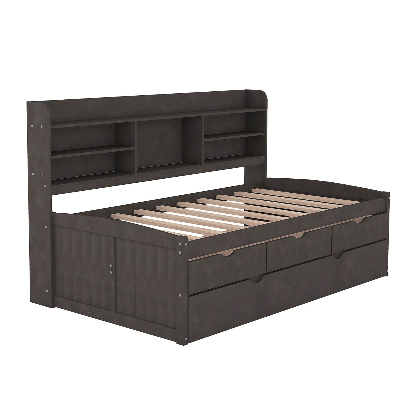 Captain bed with built-in bookcase headboard, 3 storage drawers, and trundle in dark espresso wood on Tampa Home & Garden Store