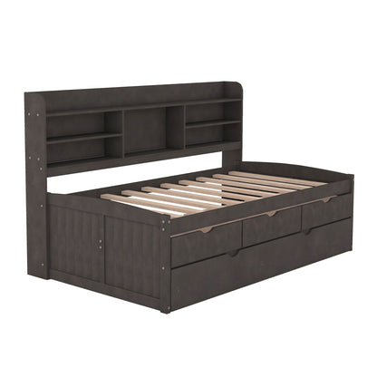Captain bed with built-in bookcase headboard, 3 storage drawers, and trundle in dark espresso wood on Tampa Home & Garden Store