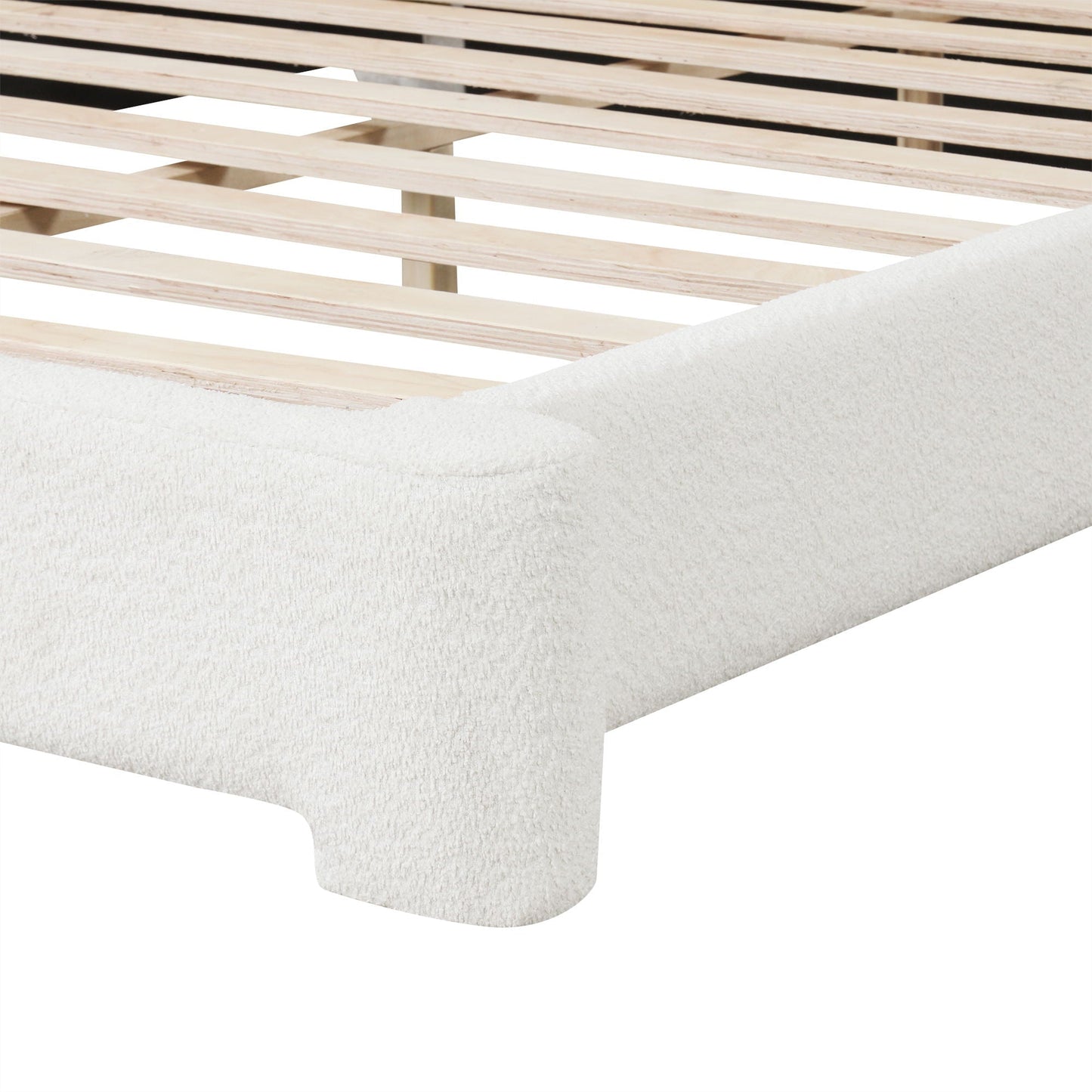 Cozy Bouce Upholstered Bed slatted wooden frame with pale finish and white fabric base on Tampa Home & Garden Store