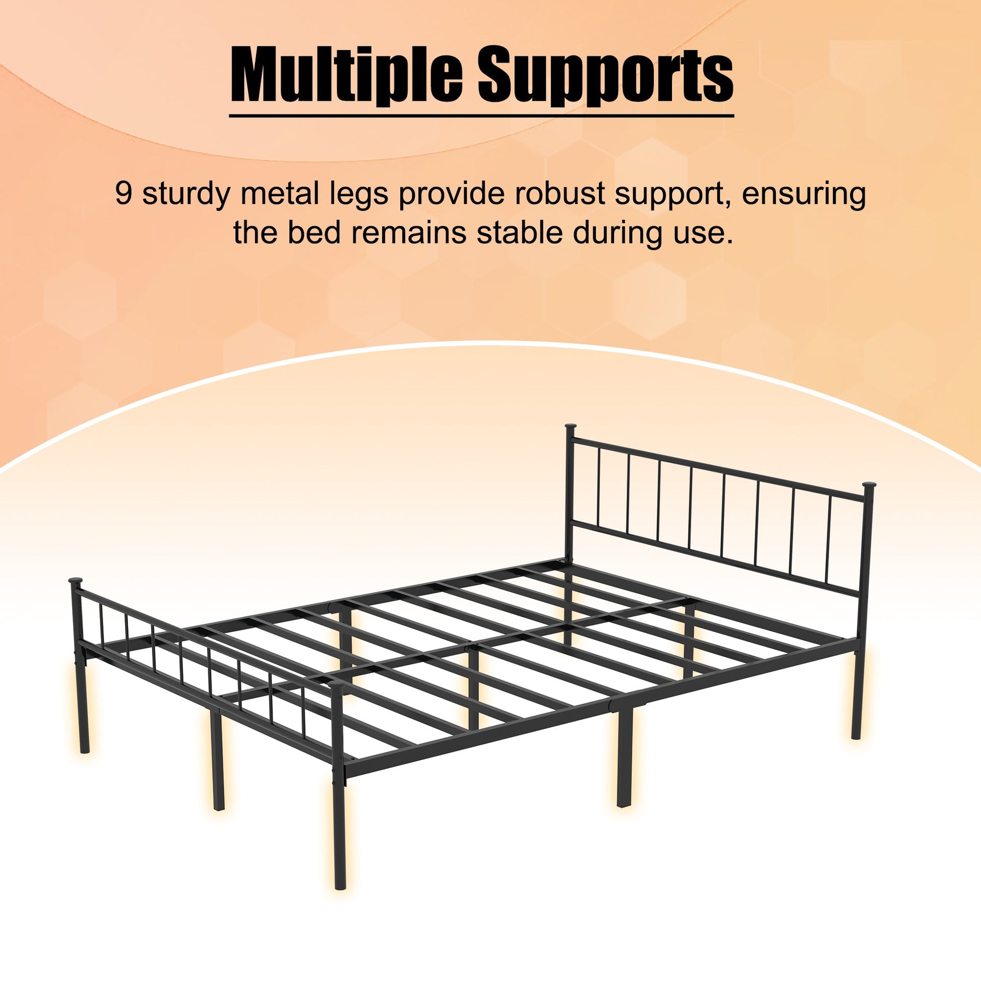 Queen size black metal bed frame with headboard and footboard, 9 sturdy legs on Tampa Home & Garden Store