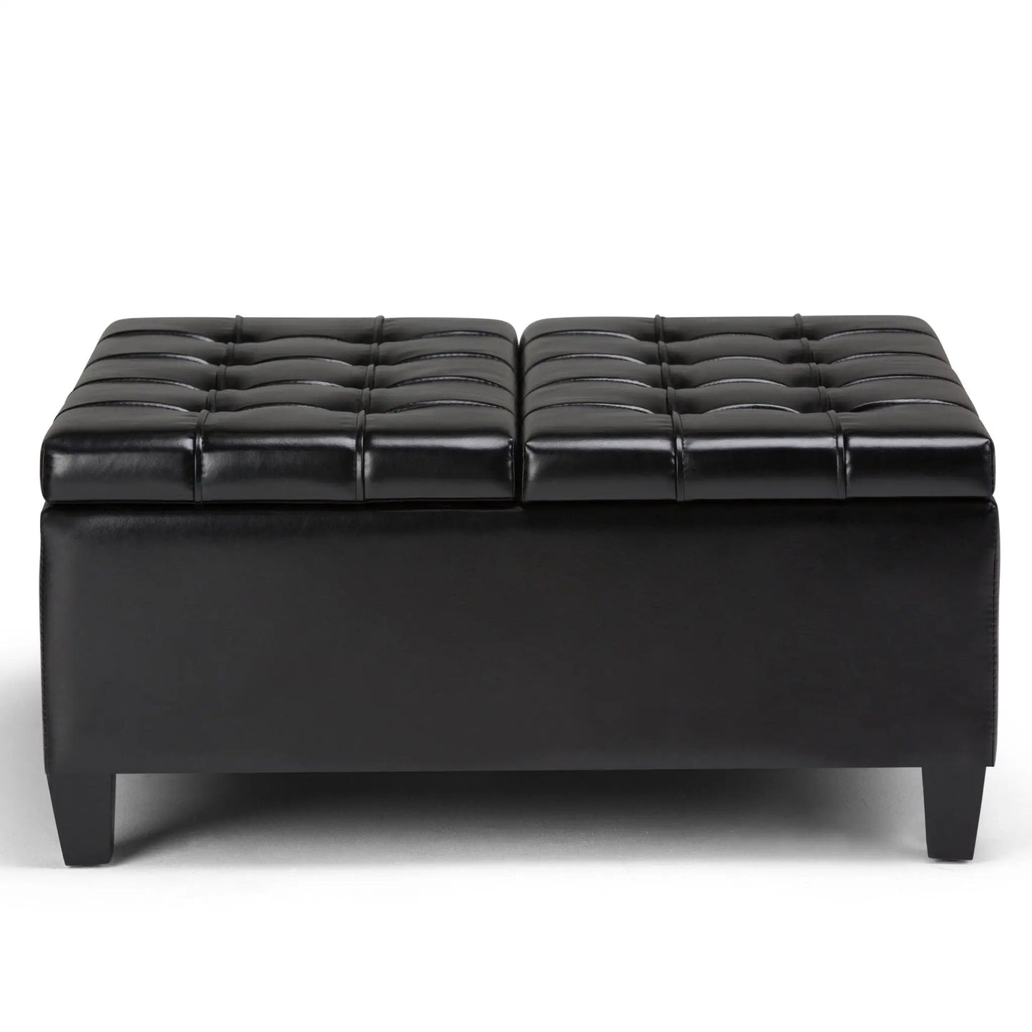 Harrison large storage ottoman in black tufted leather with square stitched top on Tampa Home & Garden Store