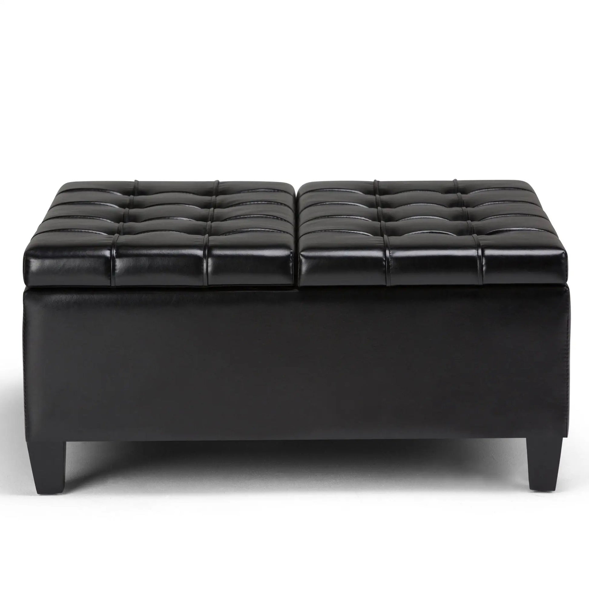 Harrison large storage ottoman in black tufted leather with square stitched top on Tampa Home & Garden Store
