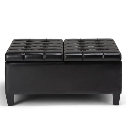 Harrison large storage ottoman in black tufted leather with square stitched top on Tampa Home & Garden Store