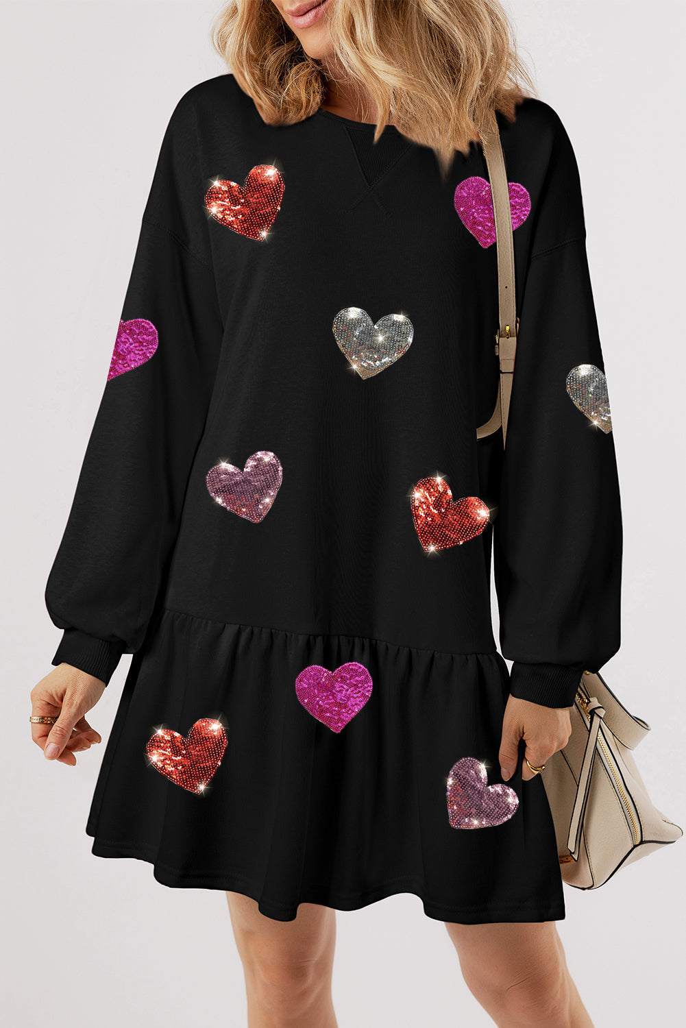 Cute Heart Round Neck Long Sleeve Mini Dress Stevvex, black with sequin hearts on Tampa Home & Garden Store
