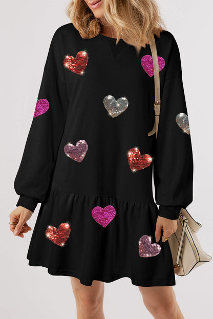 Cute Heart Round Neck Long Sleeve Mini Dress Stevvex, black with sequin hearts on Tampa Home & Garden Store