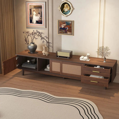 TV stand for 80-inch TVs with sliding doors and drawers in dark brown wood with woven cane panels on Tampa Home & Garden Store