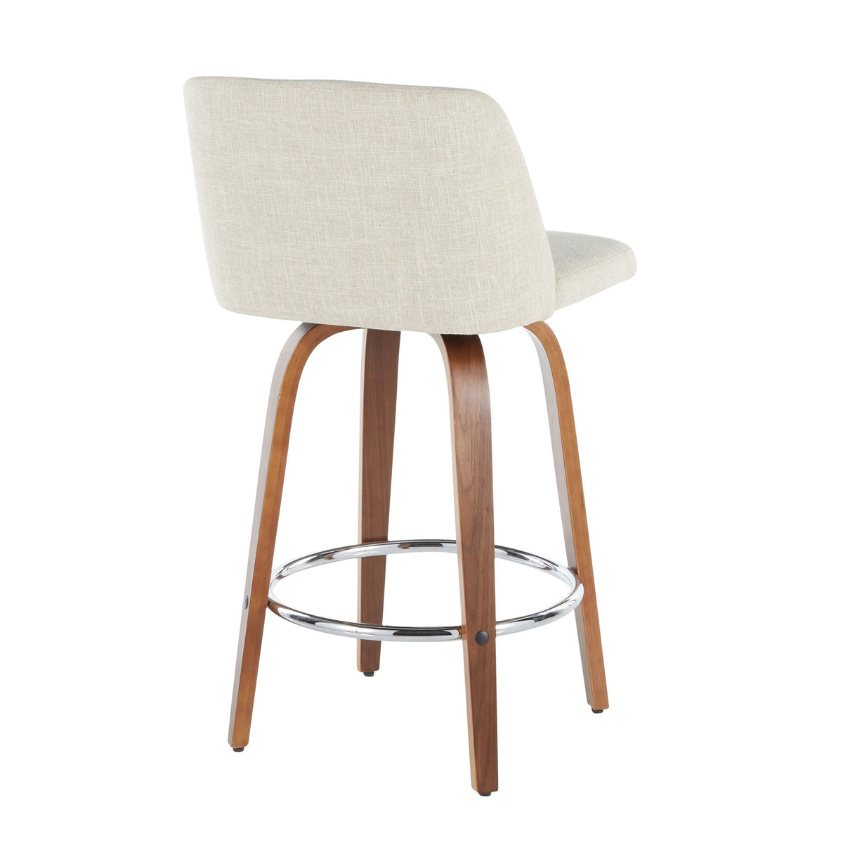 Beige padded mid-century counter stool with wood legs and chrome footrest on Tampa Home & Garden Store