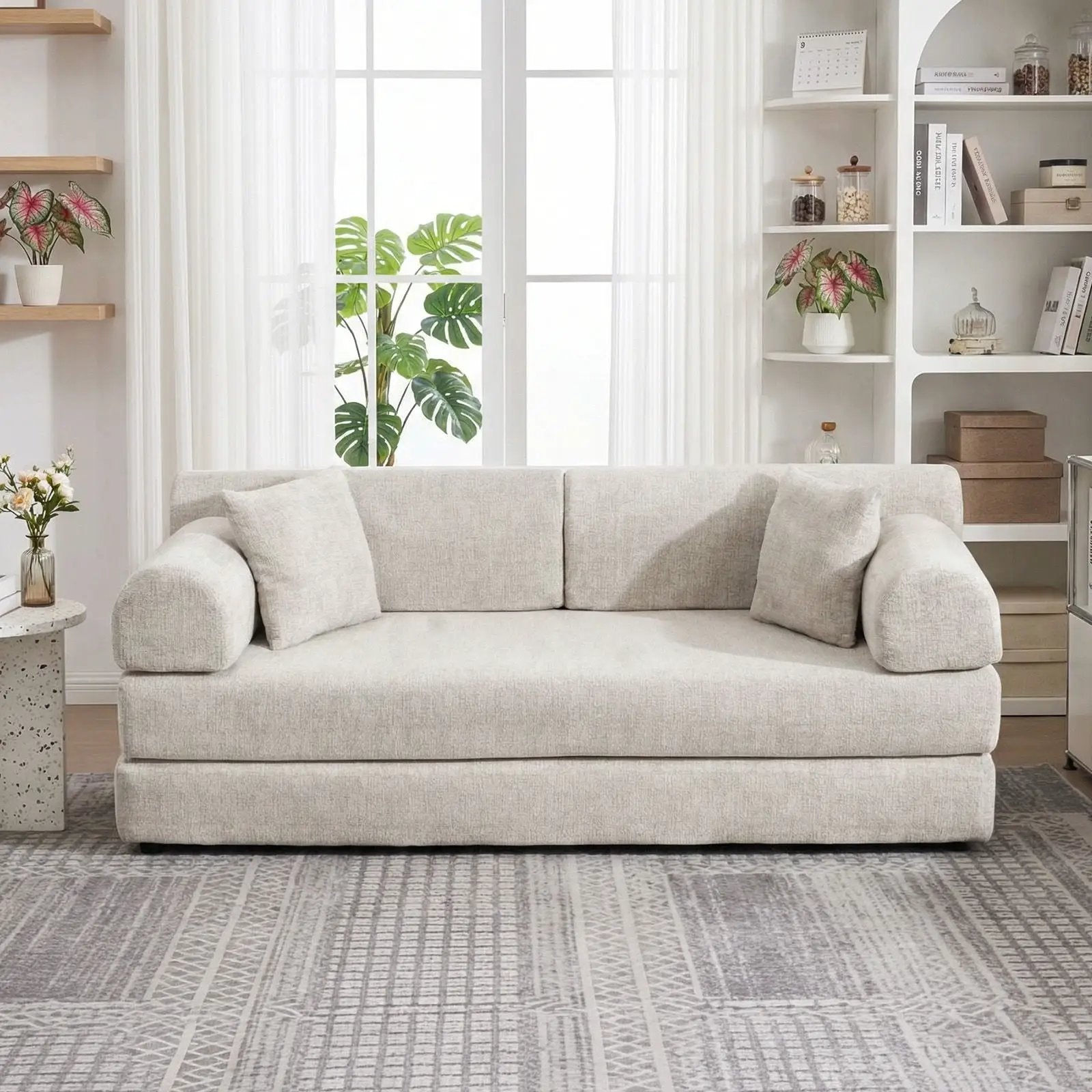 Modern 2-tone fabric convertible sleeper sofa bed in beige upholstery with plush cushions on Tampa Home & Garden Store