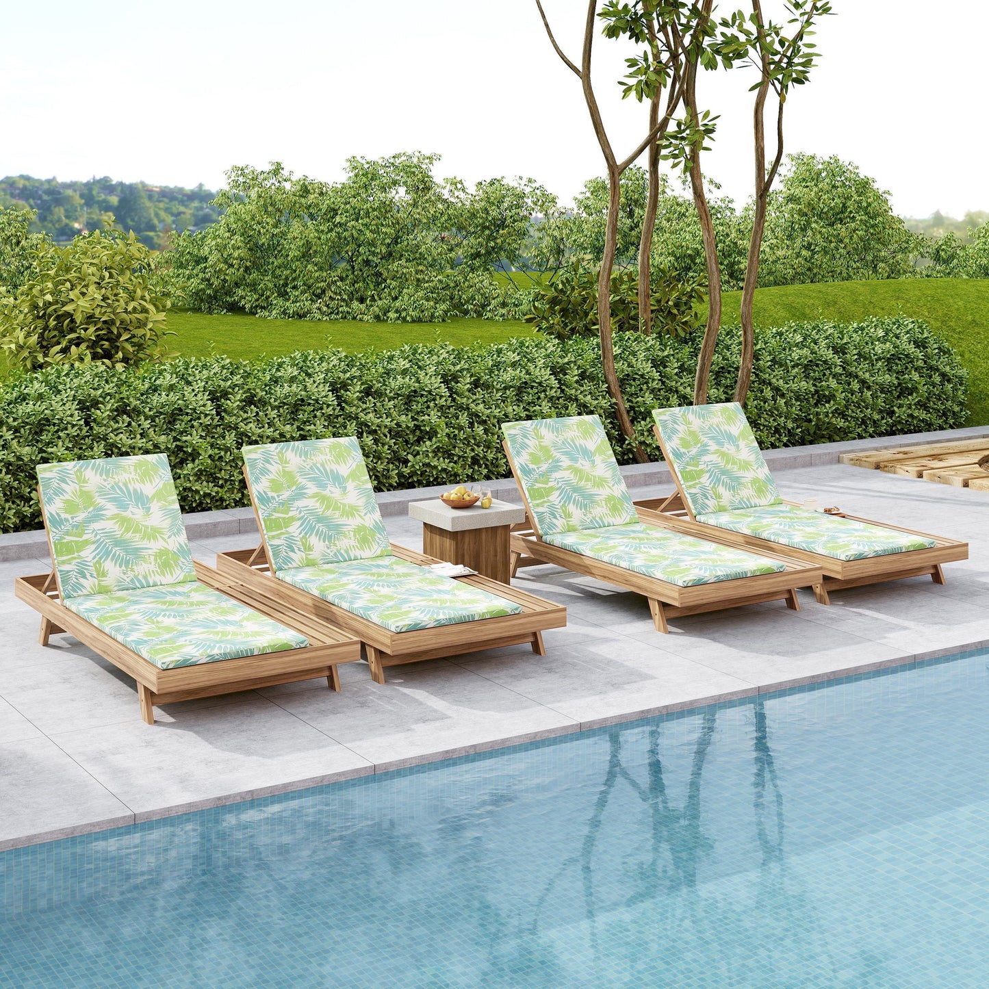 Outdoor Lounge Chaise Set six acacia wood loungers in light brown with water-resistant Leaf Coconut cushions 2 inch thick on Tampa Home & Garden Store