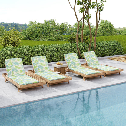 Outdoor Lounge Chaise Set six acacia wood loungers in light brown with water-resistant Leaf Coconut cushions 2 inch thick on Tampa Home & Garden Store
