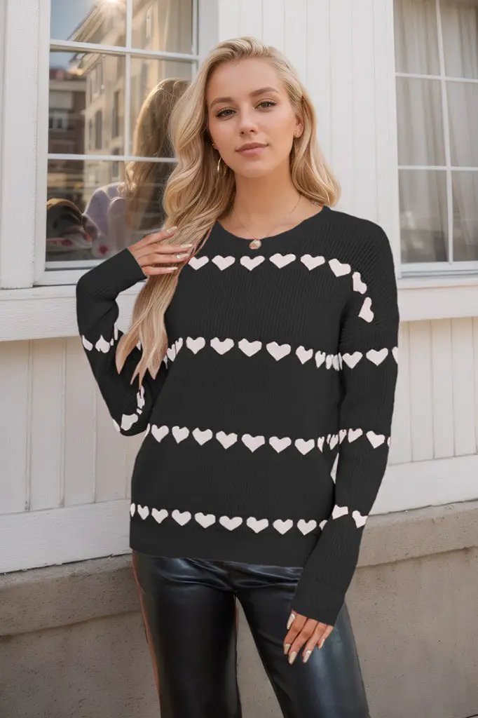 Valentine's Day Love Pullover black knit with heart stripe pattern on chest and sleeves on Tampa Home & Garden Store