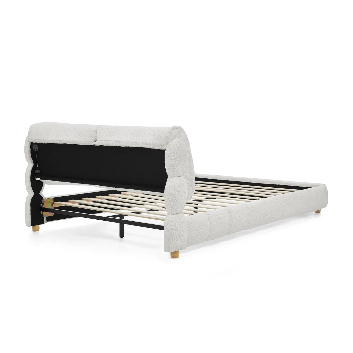 Platform Bed & Upholstered Frame in light gray boucle with black side panels on Tampa Home & Garden Store