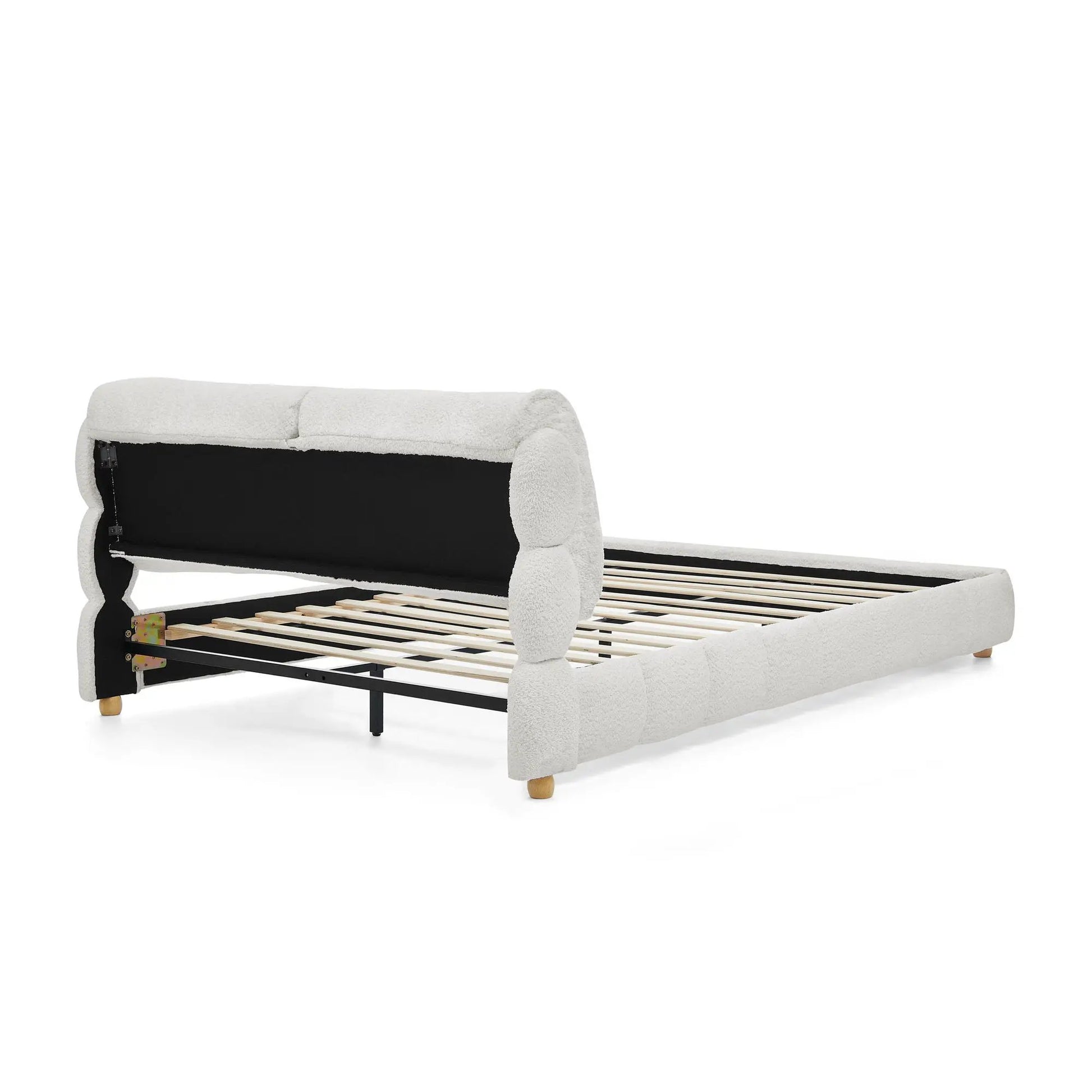Platform Bed & Upholstered Frame in light gray boucle with black side panels on Tampa Home & Garden Store