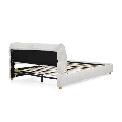 Platform Bed & Upholstered Frame in light gray boucle with black side panels on Tampa Home & Garden Store