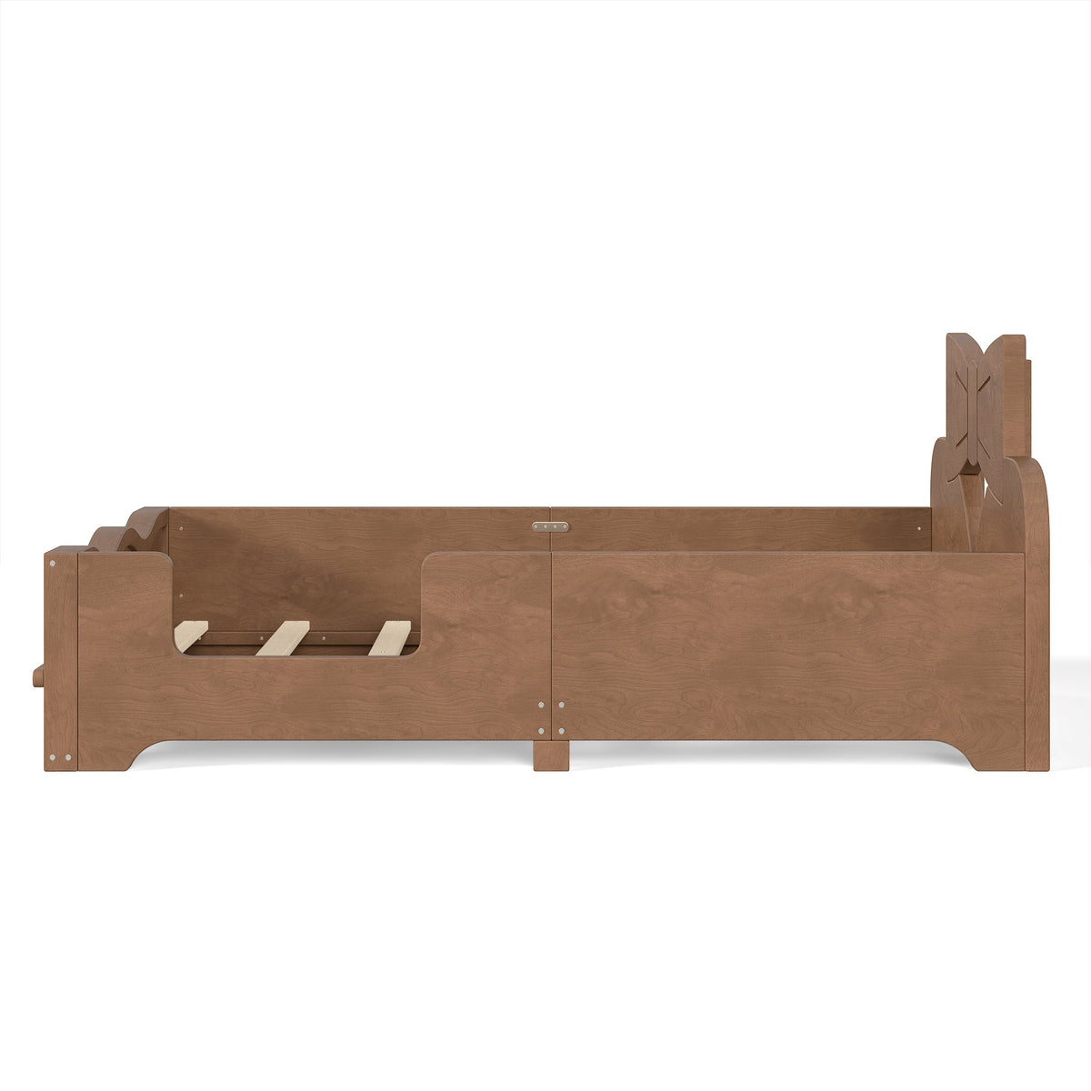Twin size kids platform bed in brown wood with full surround guardrails and bookshelf accents on Tampa Home & Garden Store