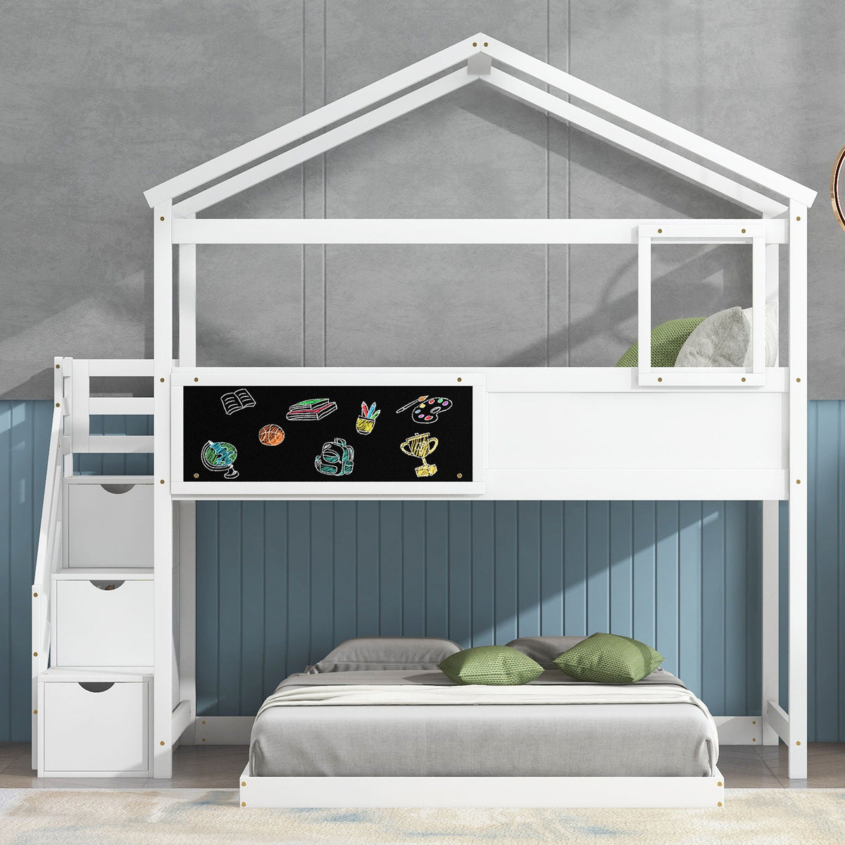 Bunk bed HouseOfZazla white with storage staircase and chalkboard panel on Tampa Home & Garden Store