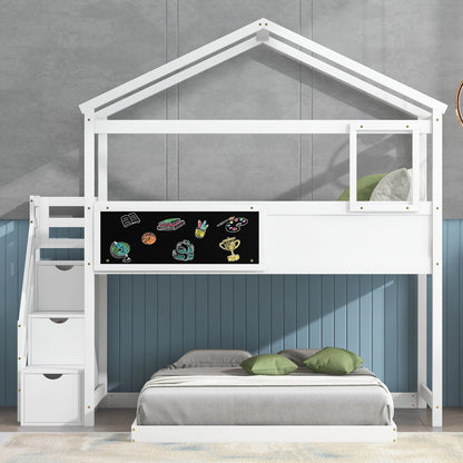 Bunk bed HouseOfZazla white with storage staircase and chalkboard panel on Tampa Home & Garden Store