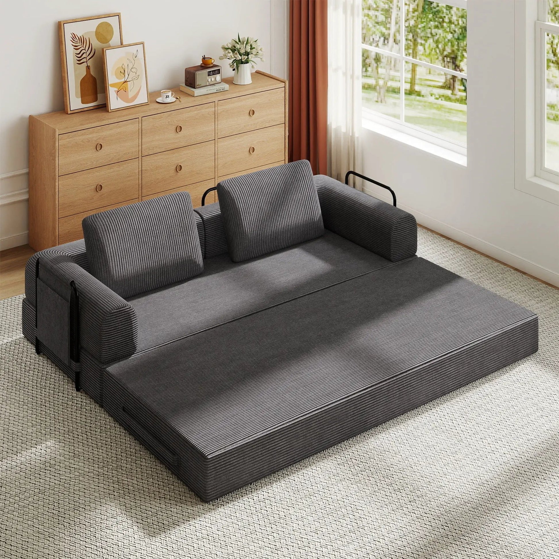 Convertible Sleeper Sofa Bed With Cylindrical Pillow, Fixed Shape Frame in charcoal gray on Tampa Home & Garden Store