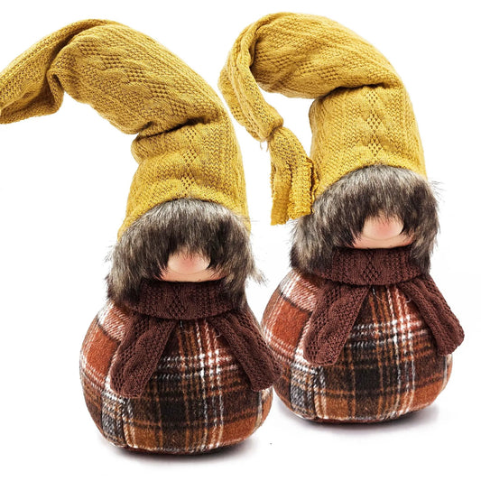 Gnome sculptures set of 2 with mustard yellow knitted hats and brown plaid scarves, fur beards on Tampa Home & Garden Store