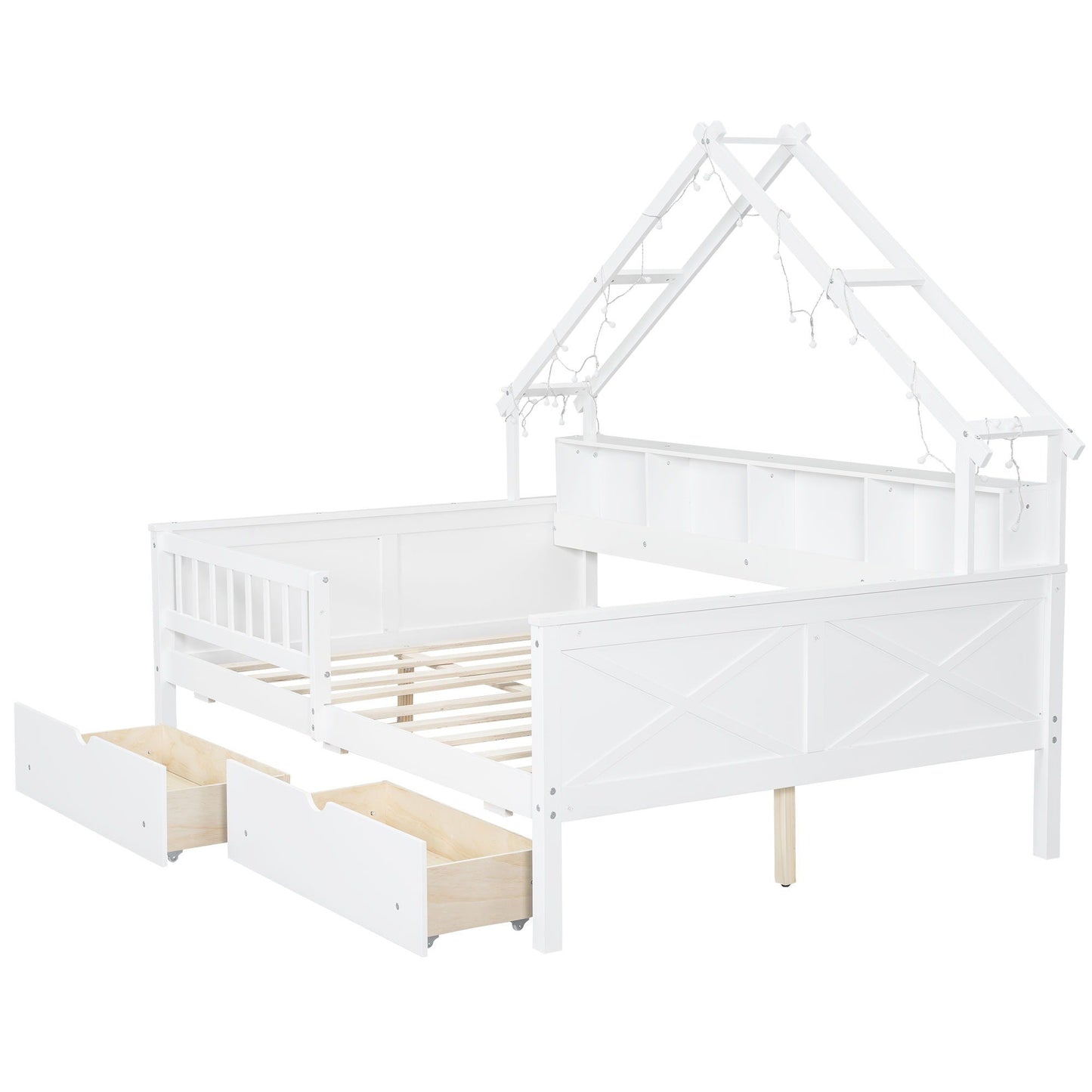 House-style white platform bed with LED lights, two under-bed drawers, guardrails on Tampa Home & Garden Store