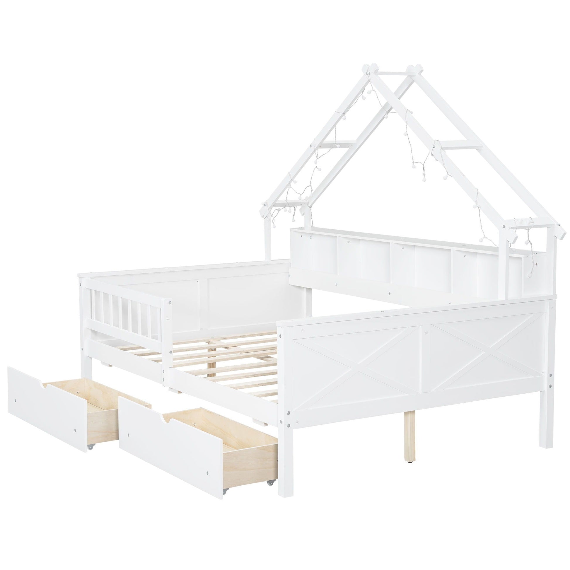 House-style white platform bed with LED lights, two under-bed drawers, guardrails on Tampa Home & Garden Store