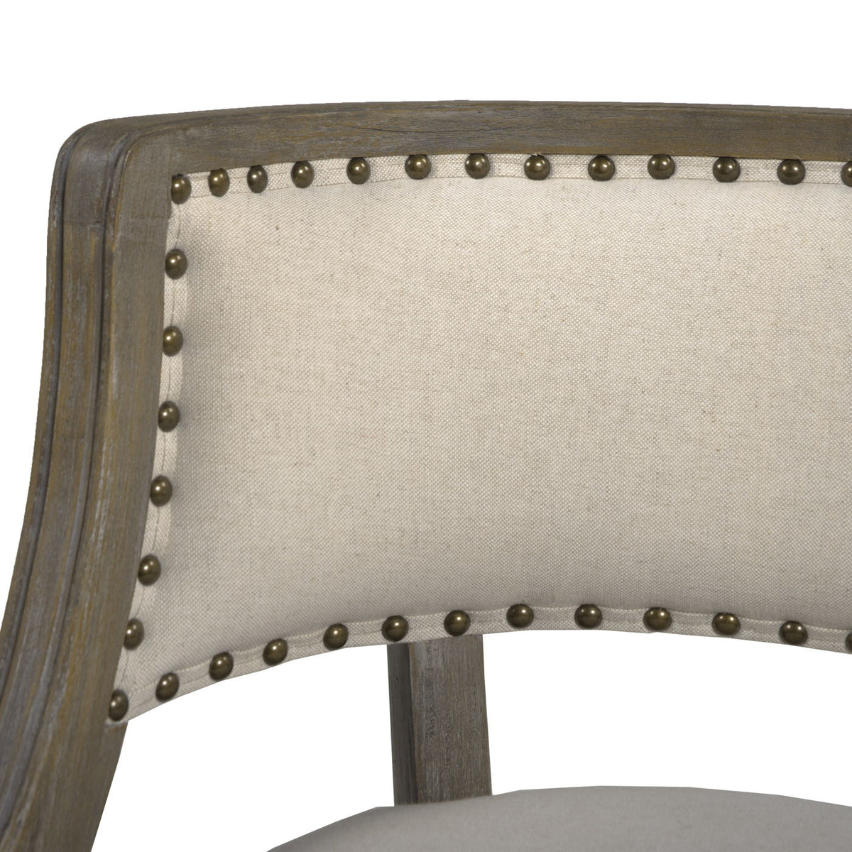 Farmhouse counter height bar stool with beige upholstered backrest and nailhead trim on Tampa Home & Garden Store